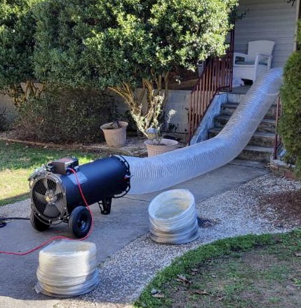 Heat treatment hose and equipment staged for a difficult-access South Carolina bed bug service