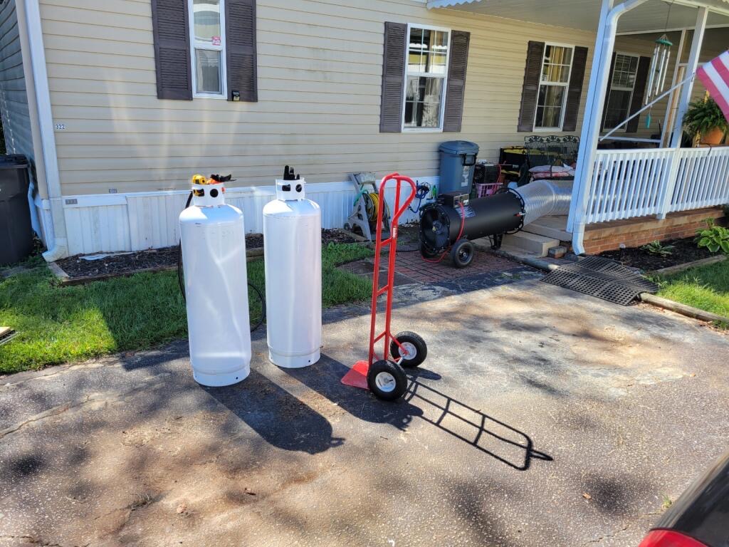 Bed bug heat treatment equipment set up outside a mobile home in South Carolina